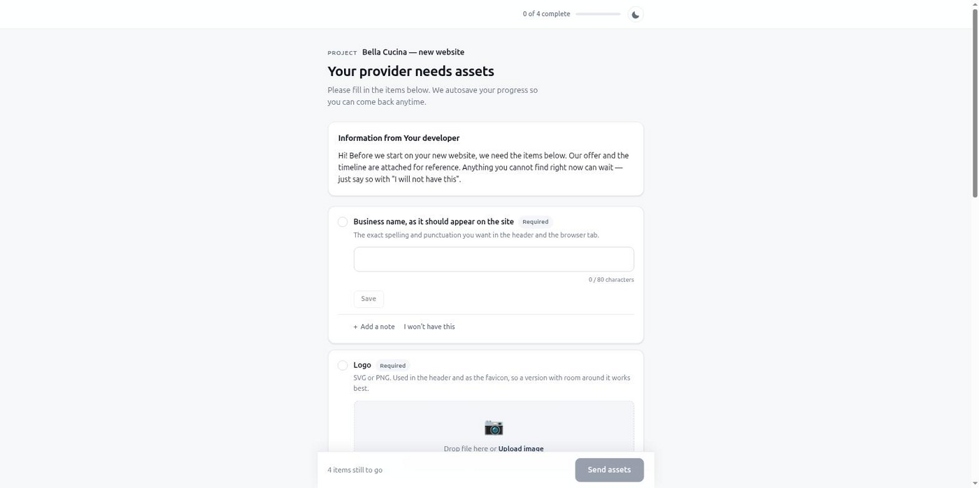 the branded page a client opens to upload files, answer questions and hand over logins