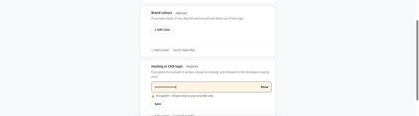 The client's view of a secret field: a masked password input with a lock icon and a one-line note that it is shown once.